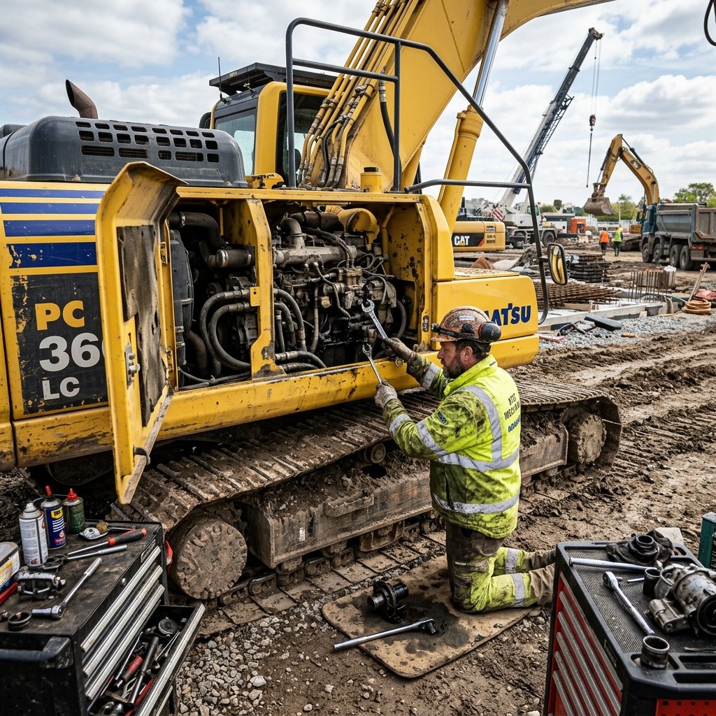 Yellow excavator and heavy machinery at a worksite